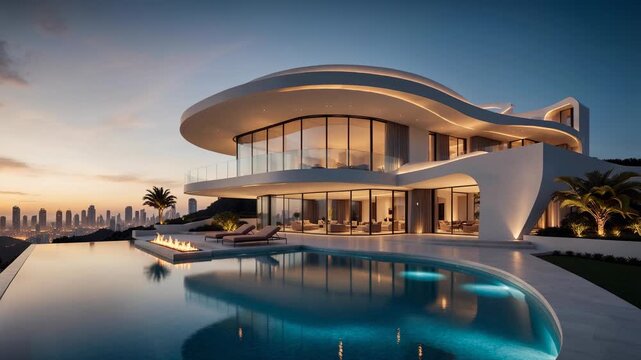 Luxury modern house with infinity pool and city skyline view at sunset