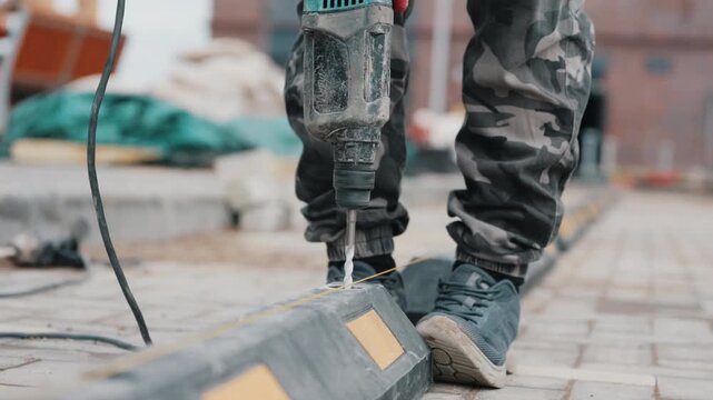 Worker drilling pavement to install rubber parking wheel stop close up