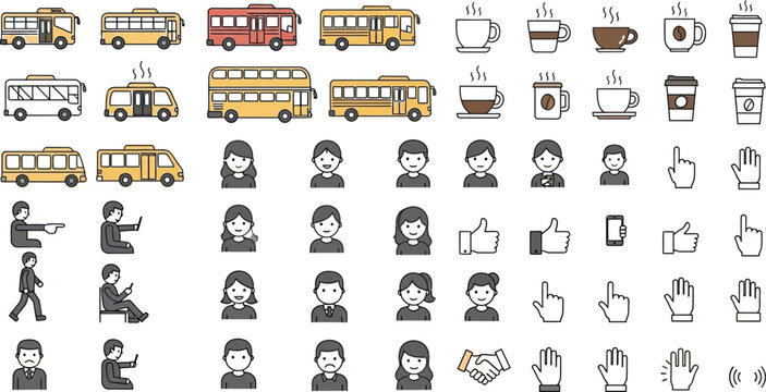 Comprehensive linear vector mega icon pack featuring transport city buses passengers corporate avatars and professional hand communication gesturesComprehensive linear vector mega icon pack featuring 