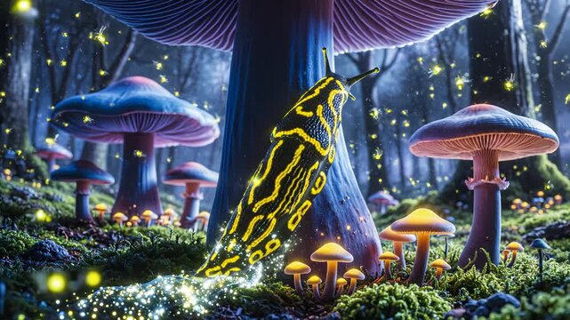 Glowing slug on mushroom in mystical forest perfect for UI/UX elements and digital motion graphics