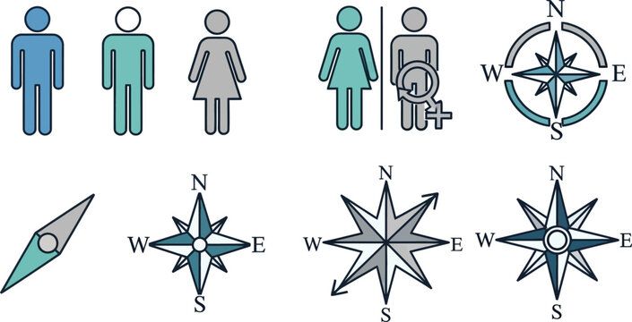Linear vector icon set featuring male and female public restroom signs alongside diverse modern and vintage navigation compass rose symbolsLinear vector icon set featuring male and female public restr