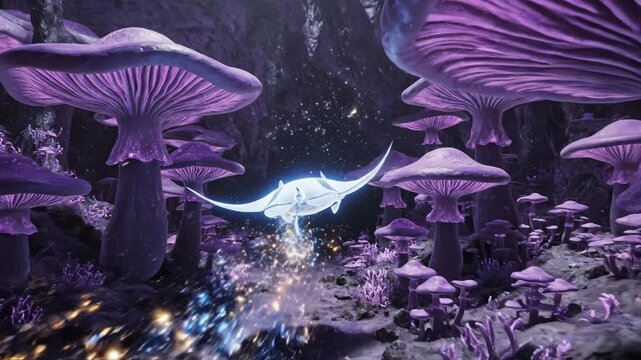 Mystical glowing mushroom forest symbolizing dynamic movement and artistic expression