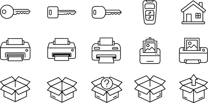Linear vector icon set featuring house keys, car remote fob, office printers, photo scanners, and open cardboard shipping boxesLinear vector icon set featuring house keys, car remote fob, office print