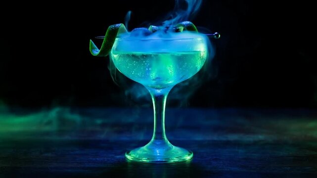 Man preparing a drink with rising smoke effect concept. Refreshing cocktail drink with lime garnish and smoky effect in elegant glass on dark background