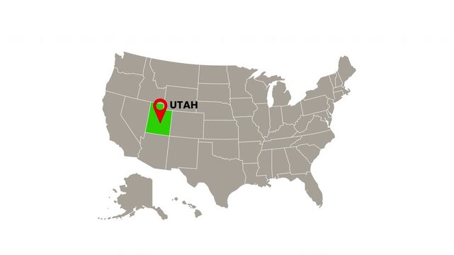 United States map with Utah state highlighted in green and marked with a red location pin