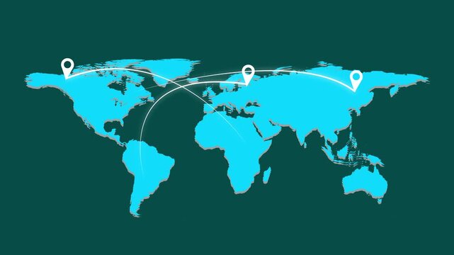 World map animation with blue continents and data lines. Global network symbol for international communications system. Digital world map for global tech network.