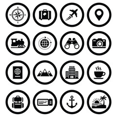 Fototapeta premium Travel and Tourism Icon Set Vector Illustration Black and White Flat Design