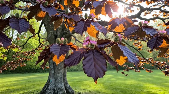 Majestic Copper Beech Tree in Golden Sunlight.