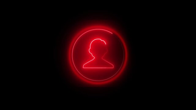 Red neon profile icon with glowing circle on black. User profile icon for digital account interface. Red neon profile animation for system admin authentication.