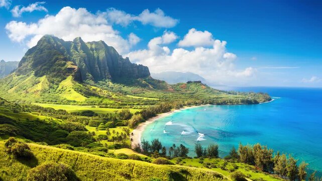 Scenic tropical beach with clear blue water and lush green mountains under a bright sky