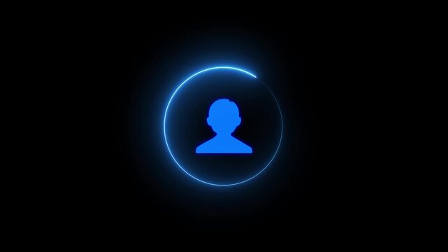 Blue neon profile icon with glowing circle on black. User profile icon for digital account interface. Blue neon profile animation for social media member.