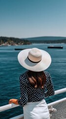 Obraz premium Woman in a wide brimmed straw hat stands on a pier, looking at the ocean and distant mountains under a blue sky