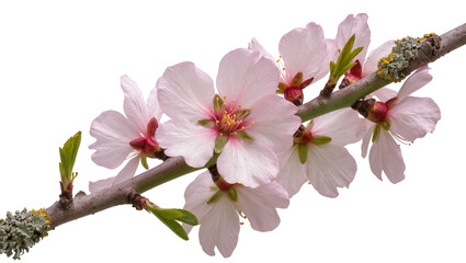 Fototapeta premium Delicate pink almond blossoms on a textured branch, isolated on transparent background