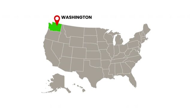 United States map with Washington state highlighted in green and marked with a red location pin