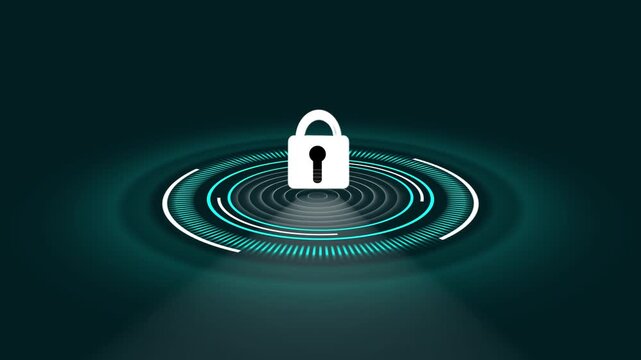 Digital lock security shield with glowing circles background. Cybersecurity shield symbol for private data protection. Digital shield animation for network firewall safety.