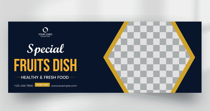 Healthy fresh fruits dish banner template with hexagon frame
