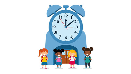 School Clock Tower: A charming blue clock tower stands tall, with four diverse children carrying backpacks, ready for a new school day. © abidakhatun