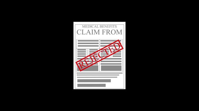 Rejected medical benefits claim document form layout. Insurance health form for employee financial medical expenses. Digital document animation for medical paperwork.