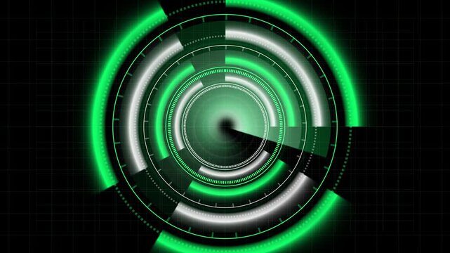 Futuristic green and white HUD target reticle interface. Weapon crosshair symbol for tactical military cockpit focus. Digital target reticle animation for tracking.