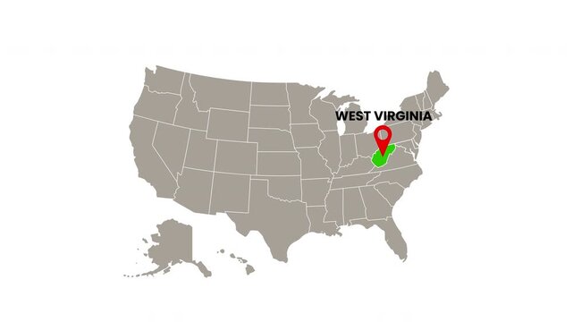 United States map with West Virginia state highlighted in green and marked with a red location pin