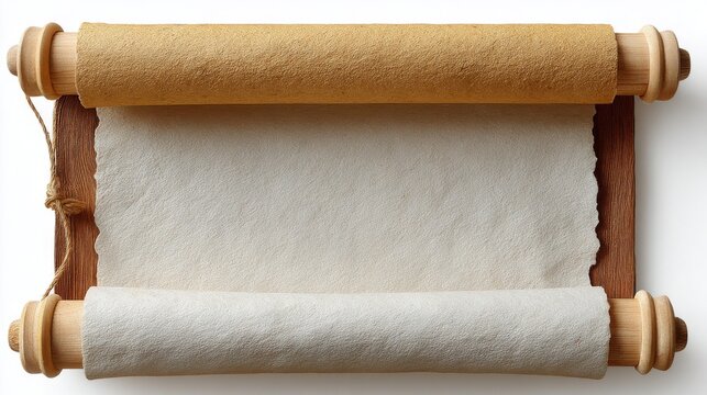 Ancient scroll with blank parchment on wooden rollers.