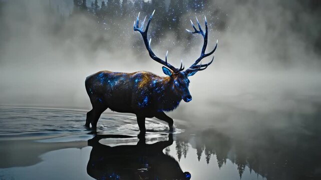 Mystical deer in foggy water ideal for eco-friendly campaigns and travel vlogs