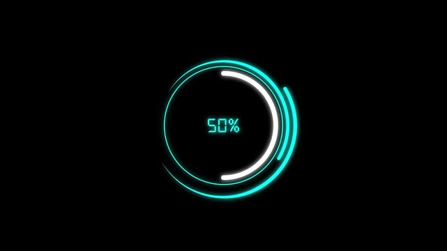 Neon blue circular progress bar with percentage indicator. Circular progress bar for system loading data status. Digital progress bar animation for tech interface.