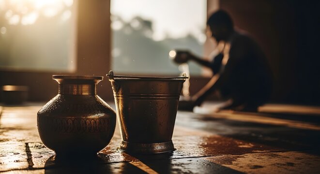 Metal water vessels sit on a dark tiled floor in the foreground while a person gathers water in the blurred background area.