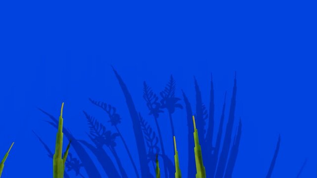 Reed plants swaying in a blue underwater scene with glowing yellow-green stems and soft silhouettes in the background