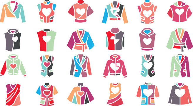 Collection of colorful heart design shirts and jackets with various styles and patterns