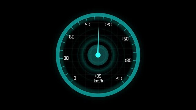 Speedometer display gauge with teal neon glow background. Speedometer dashboard symbol for fast vehicle acceleration. Digital speedometer animation for technology.