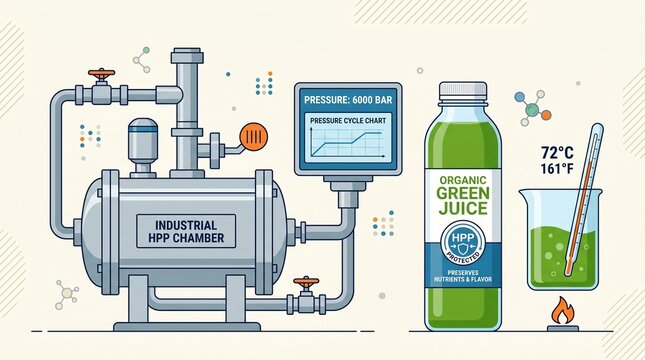 Diagram showing industrial high pressure processing chamber for food safety and shelf life.