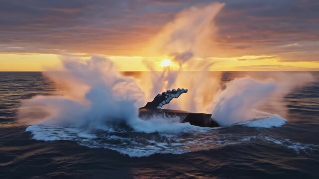 Whale breaching ocean at sunset ideal for eco-friendly campaigns and travel vlogs