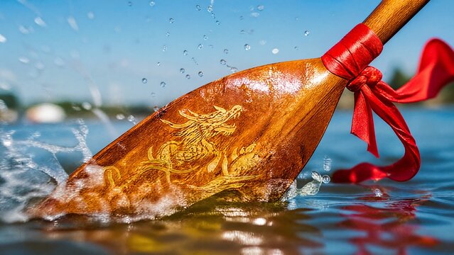 paddle. Dragon boat paddle cutting through water with red ribbon, dynamic action. event key visuals, club posters, designed for fitness apps and gym onboarding, boosts motivation.