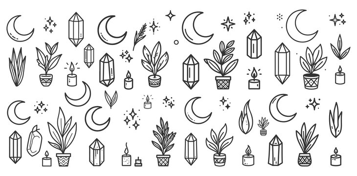 Hand drawn boho style pattern elements with moons crystals and potted plants