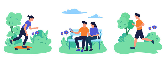 Flat vector people in park set, active characters skateboarding and jogging in nature, couple sitting on bench using smartphone, summer outdoor activities © Designer Raian