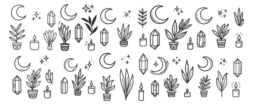 Comprehensive set of bohemian magical icons featuring plants moons and spiritual symbols