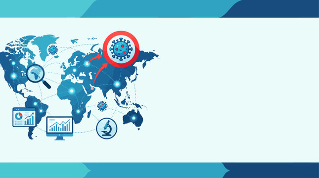 Global world map infographic tracking virus outbreak with medical data charts and large blank text space for pandemic monitoring presentation.