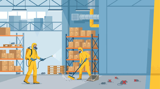 Expert pest control professionals eliminate rodent infestation in a warehouse, proactively preventing Hantavirus transmission and ensuring a safe, hygienic storage environment