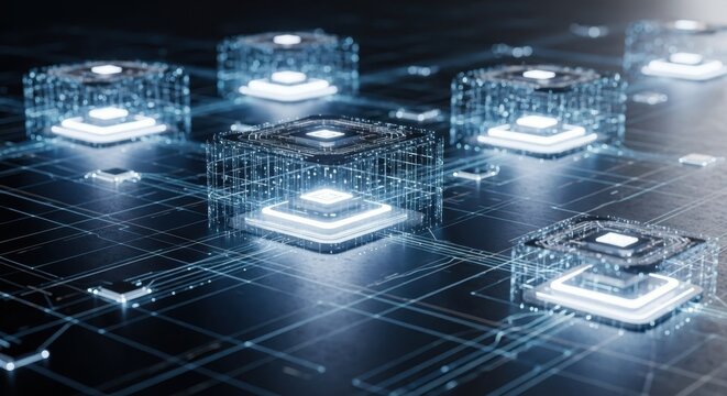 Futuristic Quantum Computing Processors with Glowing Blue Lights on a Digital Circuit Board