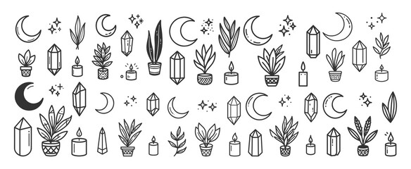Fototapeta premium Set of Hand Drawn Mystical Elements with Crystals Plants and Moon Icons