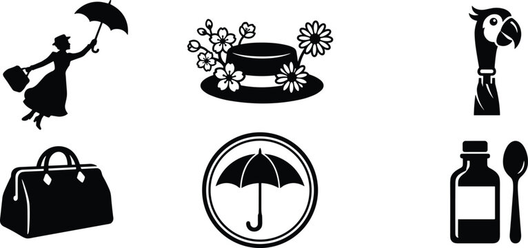 Mary Poppins Inspired Silhouette Icon Collection with Umbrella Lady, Floral Hat, Parrot, Vintage Bag, and Classic Black Vector Elements