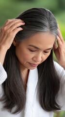 Naklejka premium Woman in a white bathrobe examines her hair, focusing on grey roots and long dark hair, surrounded by softly blurred background and natural light