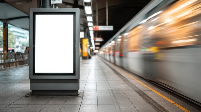 Stunning photo of blank vertical billboard mockup on a subway station platform with a blurred train moving in the background.
