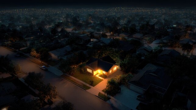 Stunning photo of aerial night view of a single bright illuminated suburban house in a dark neighborhood.