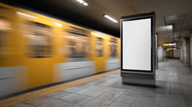 Stunning photo of blank vertical billboard mockup on a subway station platform with a blurred train moving in the background.