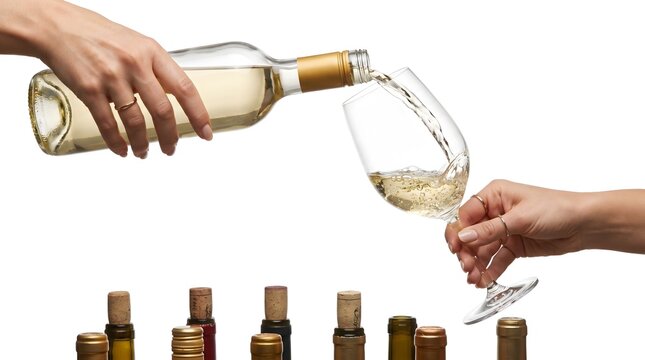 Sommelier pours a crisp glass of white wine while standing behind a collection of various glass bottles on a neutral background.