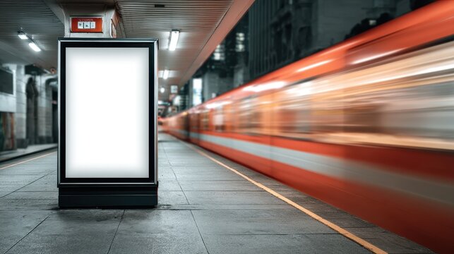 Stunning photo of blank vertical billboard mockup on a subway station platform with a blurred train moving in the background.