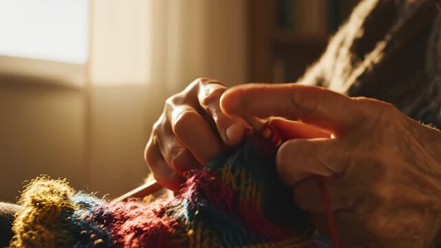 Hands knitting colorful yarn perfect for UI/UX elements and digital motion graphics