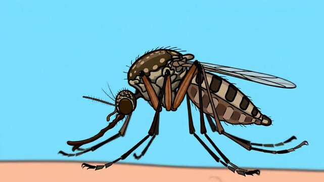Cartoon-style close-up of a mosquito with brown legs, on skin with blue background